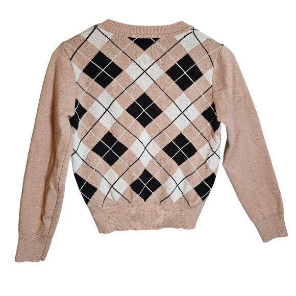Argyle V-Neck Sweater SHEIN Womens Beige & Black Knitted 8 Light Academia Preppy - Picture 5 of 11